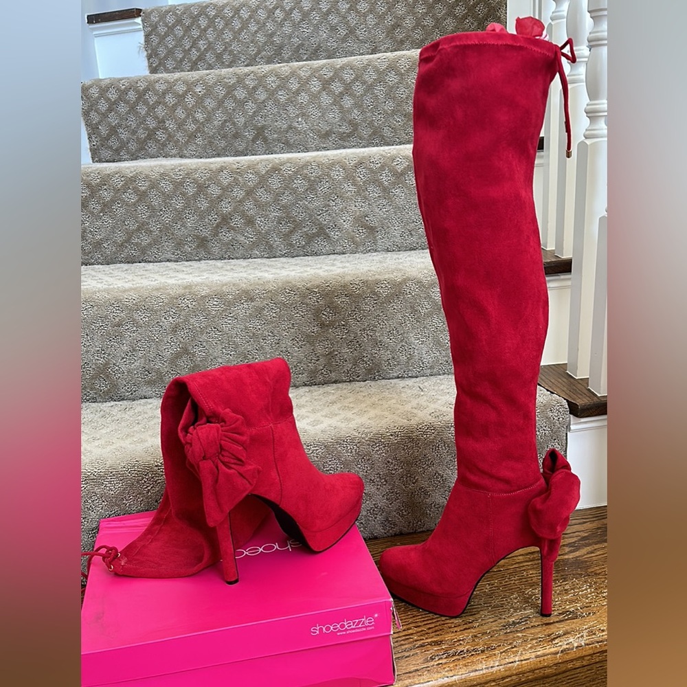 Sexy red suede over the knee boots with red bow on back